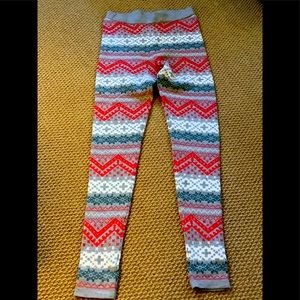 Geometric red, green, white and grey printed fleece lined leggings, very soft!